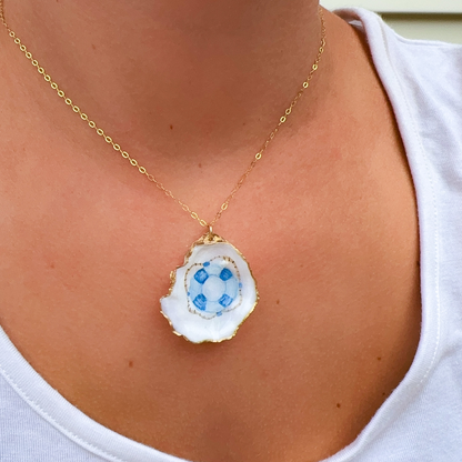One-of-a-Kind Hand-Painted Oyster Shell Necklace - Life Preserver Motif