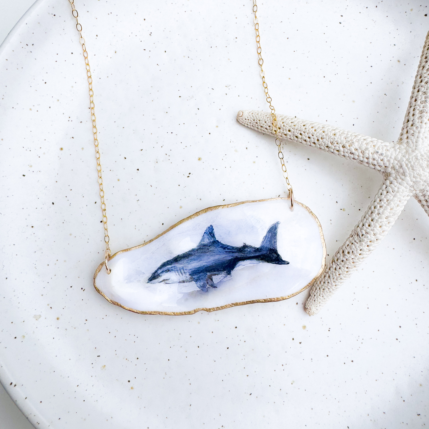 One-of-a-Kind Hand-Painted Oyster Shell Necklace - Shark Motif