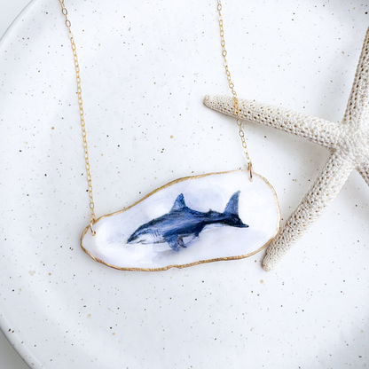 One-of-a-Kind Hand-Painted Oyster Shell Necklace - Shark Motif