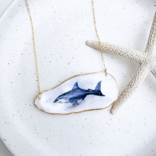 One-of-a-Kind Hand-Painted Oyster Shell Necklace - Shark Motif