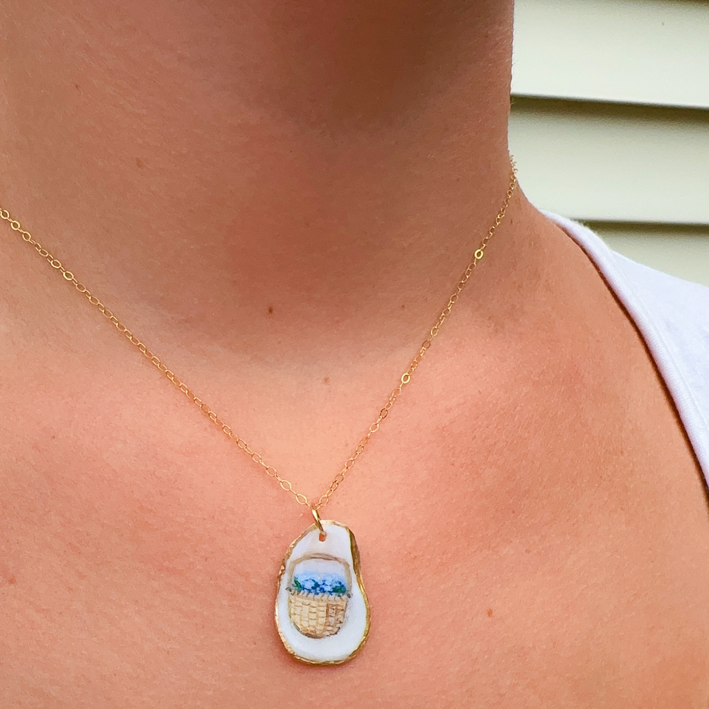 One-of-a-Kind Hand-Painted Oyster Shell Necklace - Nantucket Basket Motif