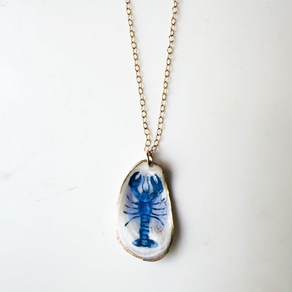 One‑of‑a‑Kind Hand‑Painted Oyster Shell Necklace – Blue Lobster Motif