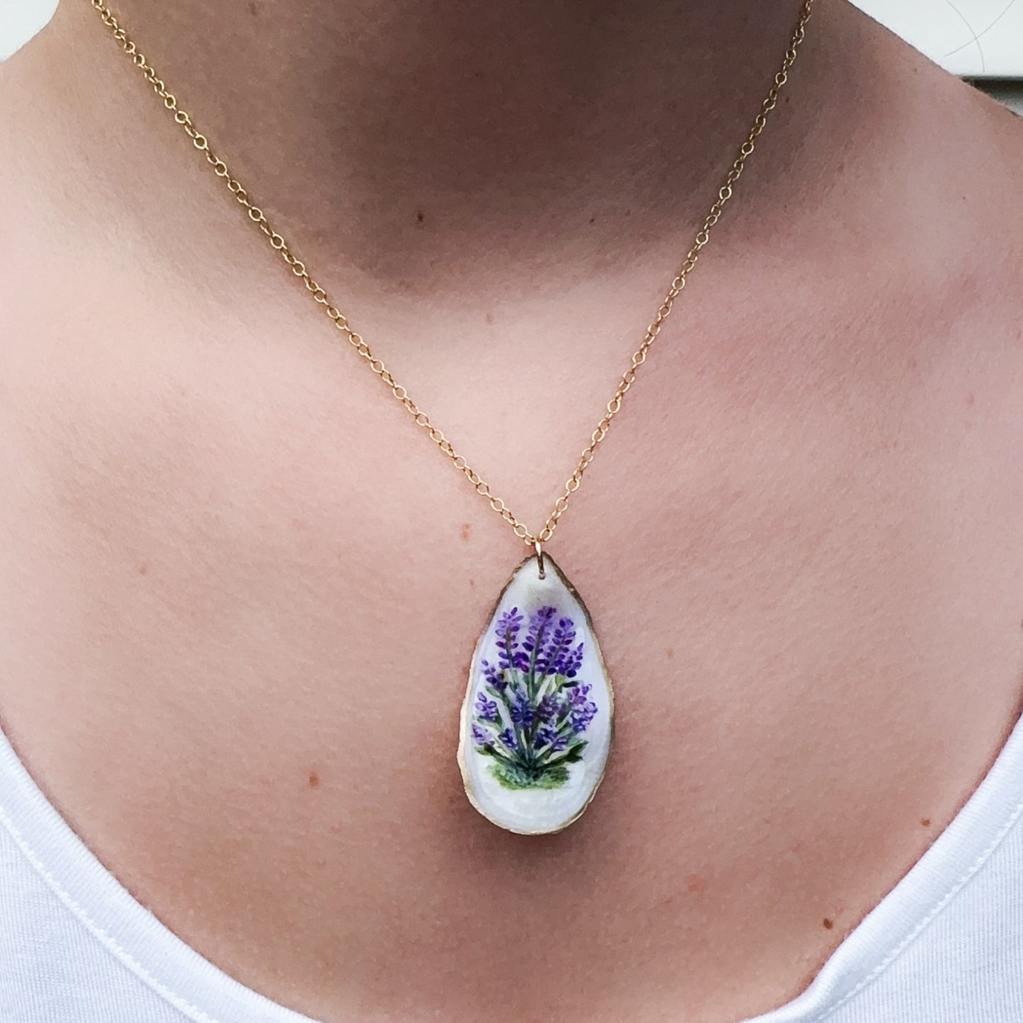 One-of-a-kind hand painted oyster necklace- Lavender motif