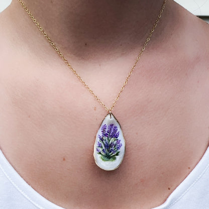 One-of-a-kind hand painted oyster necklace- Lavender motif