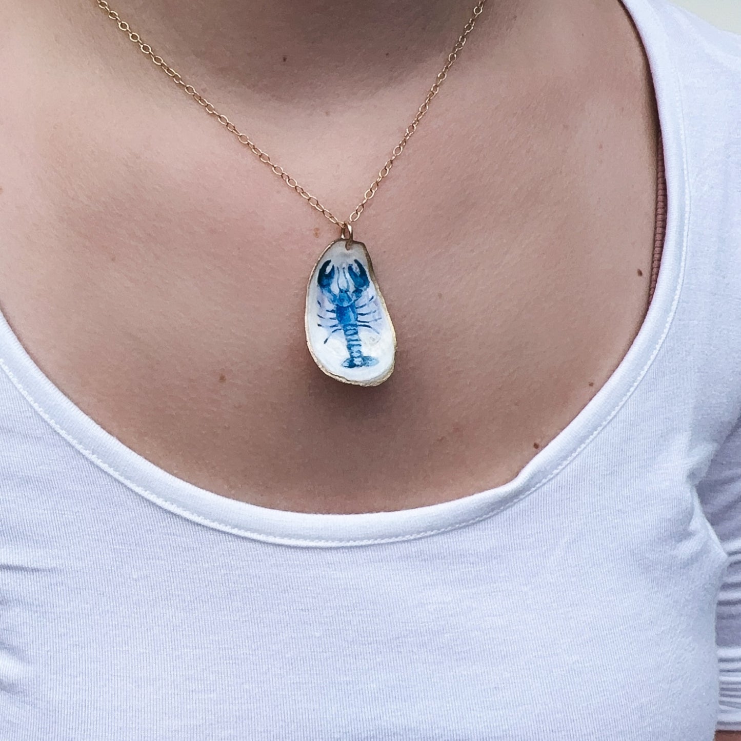 One‑of‑a‑Kind Hand‑Painted Oyster Shell Necklace – Blue Lobster Motif