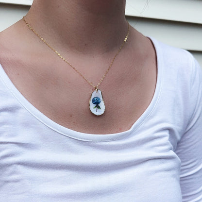 One‑of‑a‑Kind Hand‑Painted Oyster Shell Necklace – Hydrangea Motif