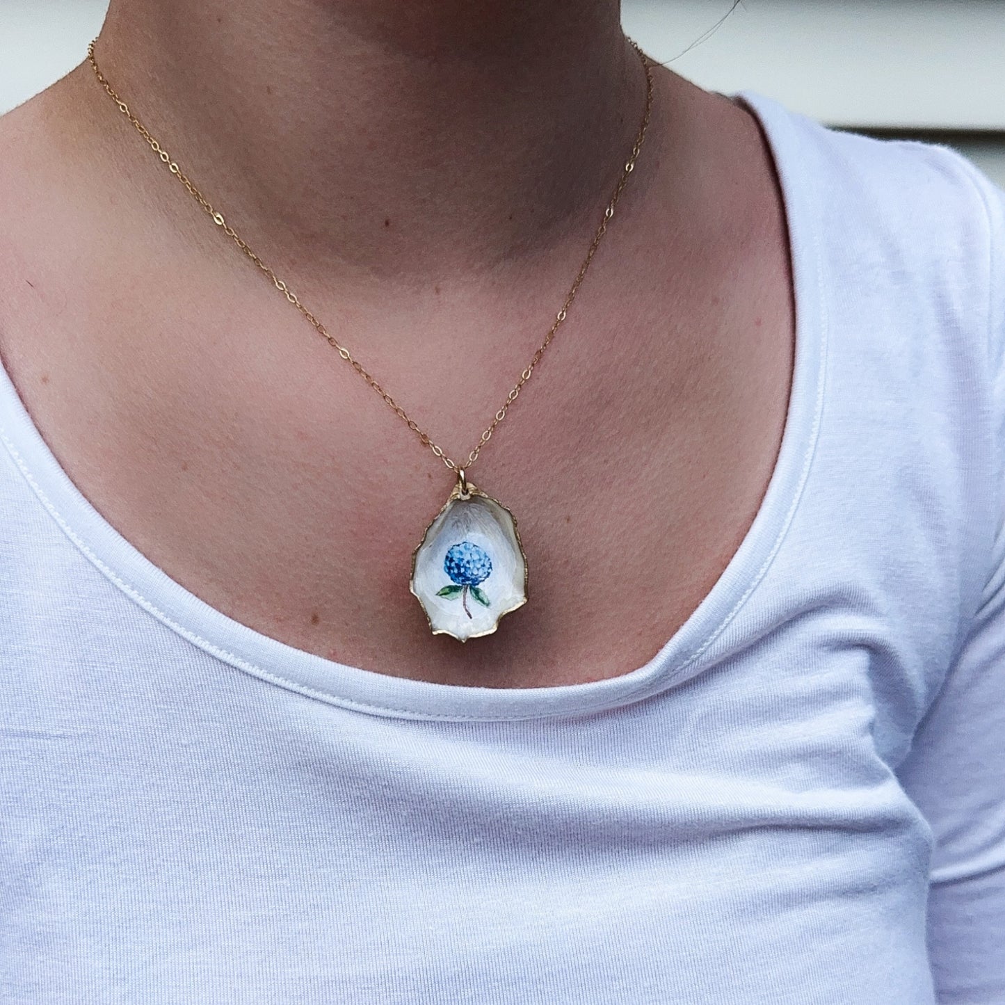 One‑of‑a‑Kind Hand‑Painted Oyster Shell Necklace- Hydrangea Motif