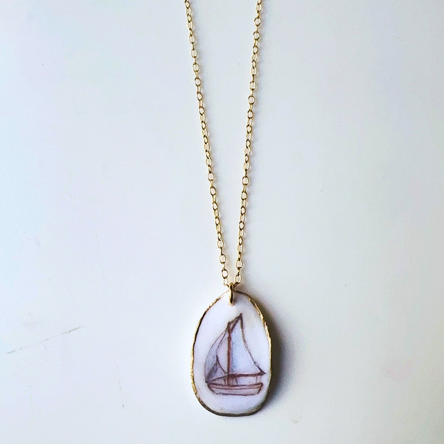 One‑of‑a‑Kind Hand‑Painted Oyster Shell Necklace – Sailboat Motif