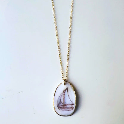One‑of‑a‑Kind Hand‑Painted Oyster Shell Necklace – Sailboat Motif