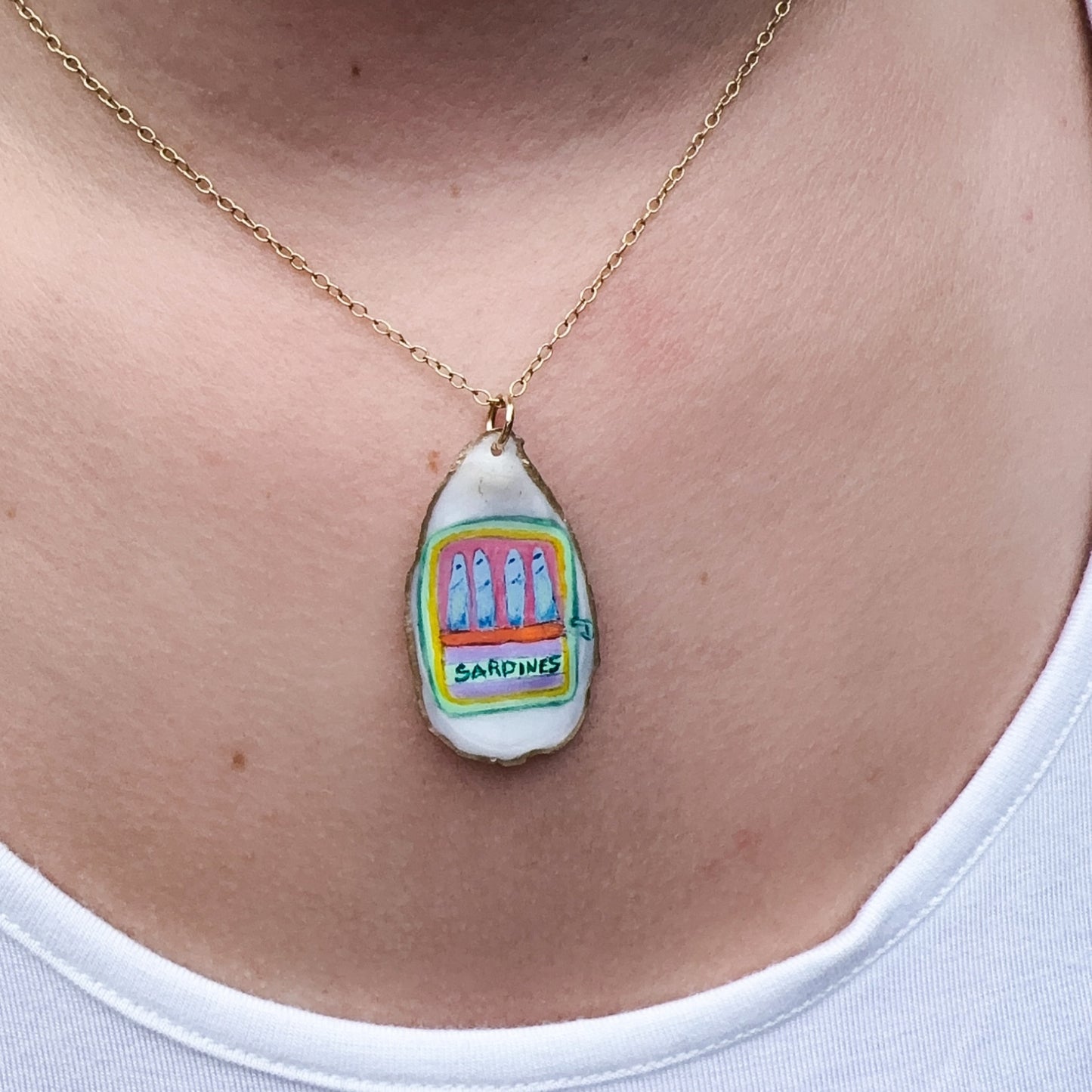 One‑of‑a‑Kind Hand‑Painted Oyster Shell Necklace – Sardines Motif