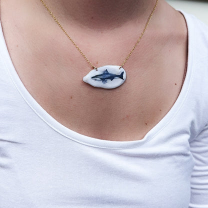 One‑of‑a‑Kind Hand‑Painted Oyster Shell Necklace – Shark Motif