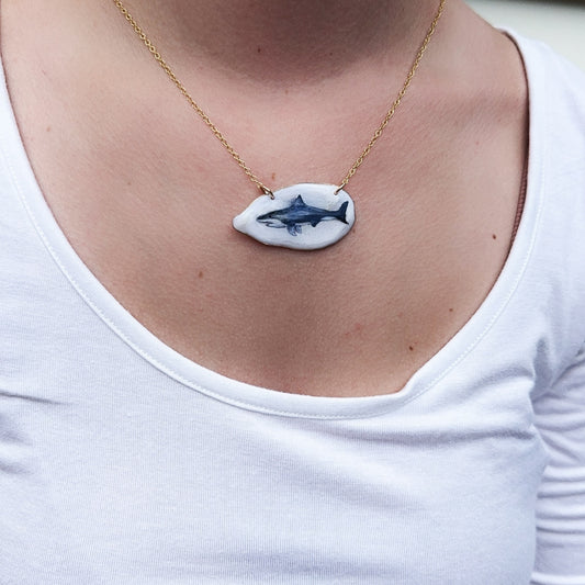 One‑of‑a‑Kind Hand‑Painted Oyster Shell Necklace – Shark Motif