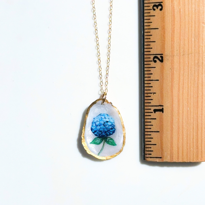 One-of-a-Kind Hand-Painted Oyster Shell Necklace - Hydrangea Motif