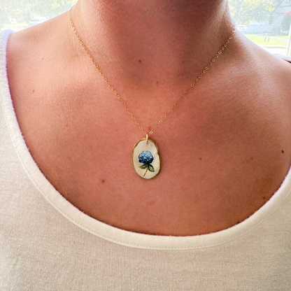 One-of-a-Kind Hand-Painted Oyster Shell Necklace - Hydrangea Motif