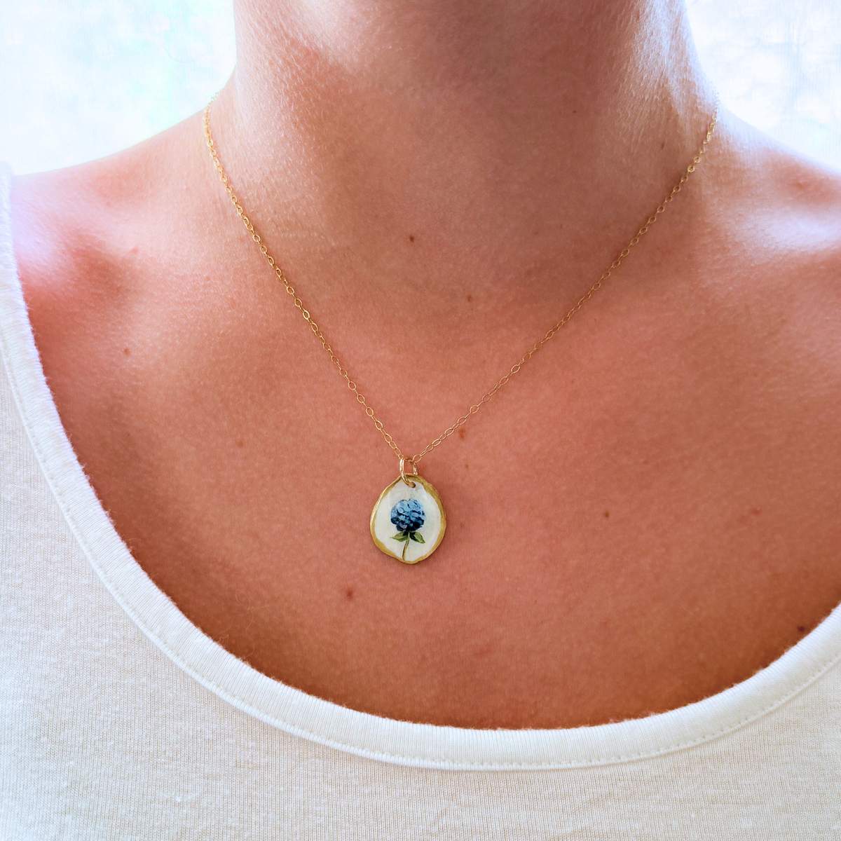 One-of-a-Kind Hand-Painted Oyster Shell Necklace - Hydrangea Motif