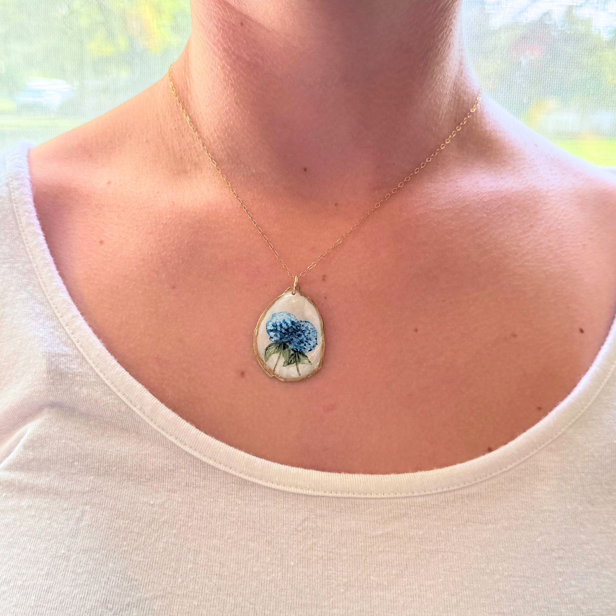 One-of-a-Kind Hand-Painted Oyster Shell Necklace - Hydrangea Motif