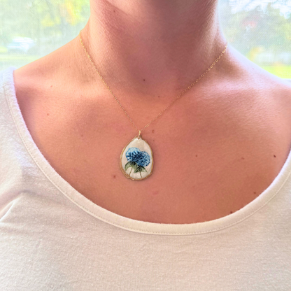 One-of-a-Kind Hand-Painted Oyster Shell Necklace - Hydrangea Motif