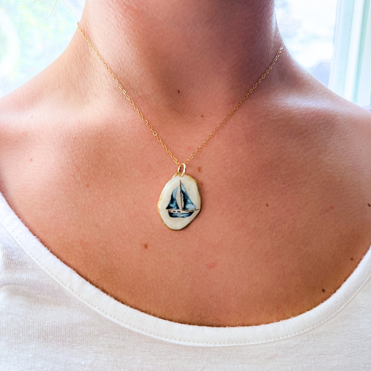 One-of-a-Kind Hand-Painted Oyster Shell Necklace - Sailboat Motif