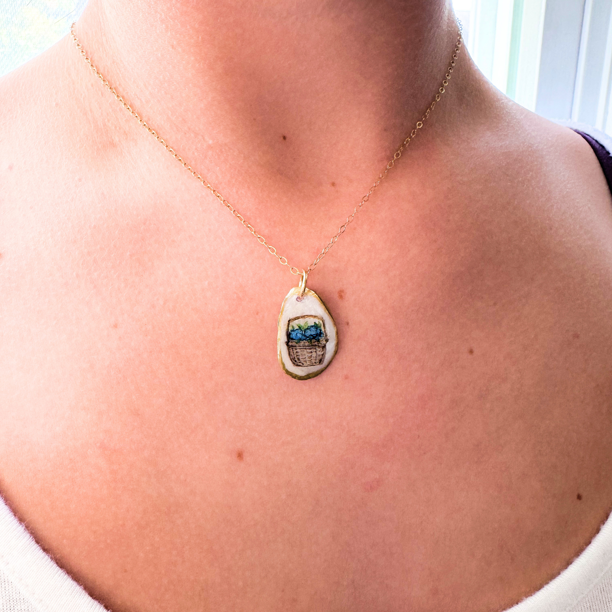 One-of-a-Kind Hand-Painted Oyster Shell Necklace - Nantucket Hydrangea Basket Motif