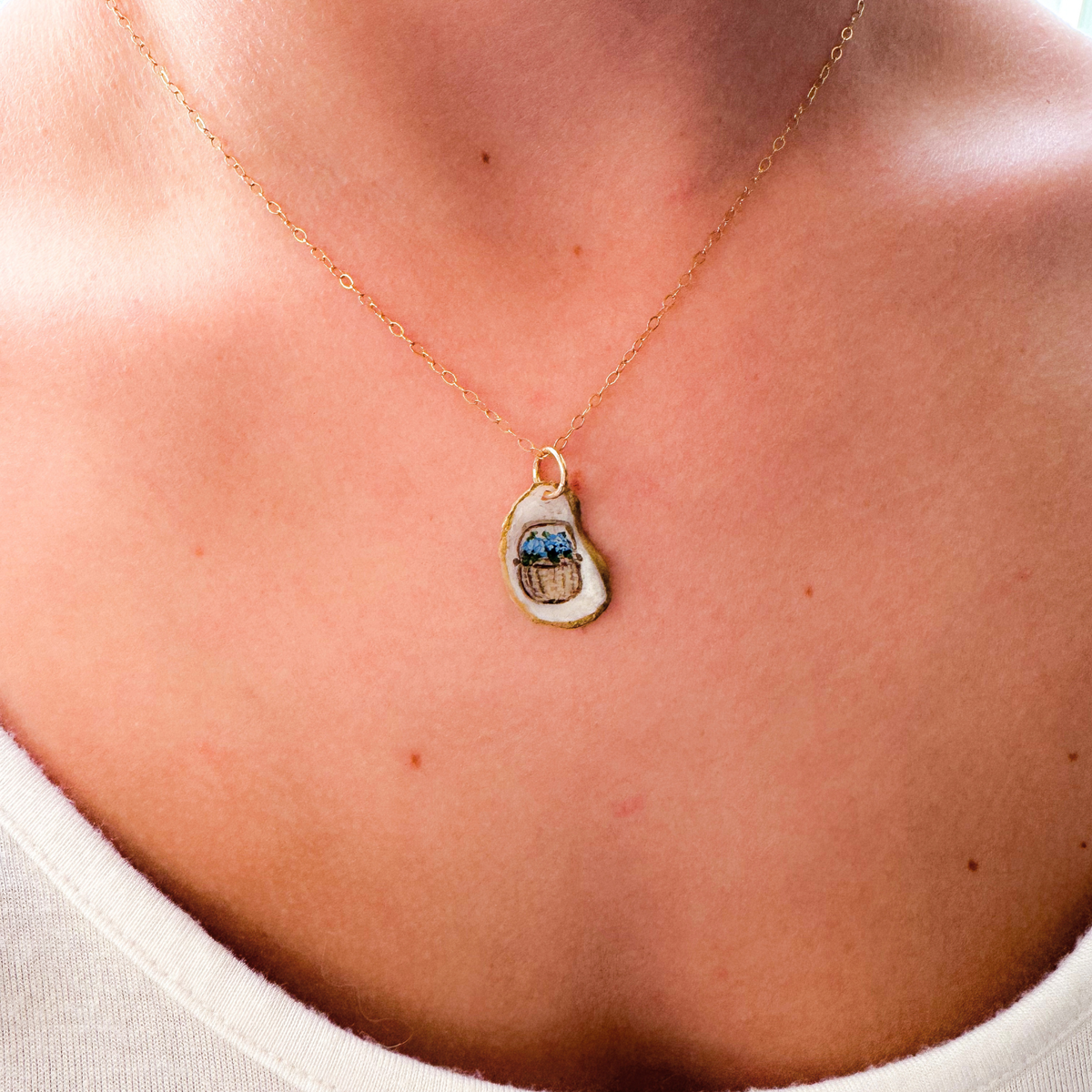 One-of-a-Kind Hand-Painted Oyster Shell Necklace - Nantucket Hydrangea Basket Motif