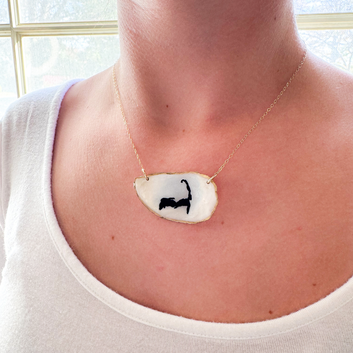 One-of-a-Kind Hand-Painted Oyster Shell Necklace - Cape Cod Motif