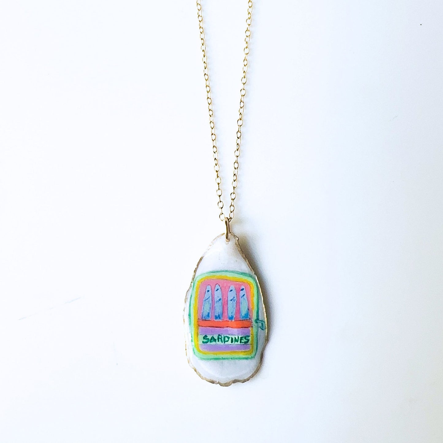 One‑of‑a‑Kind Hand‑Painted Oyster Shell Necklace – Sardines Motif