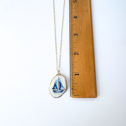 One-of-a-Kind Hand-Painted Oyster Shell Necklace - Sailboat Motif