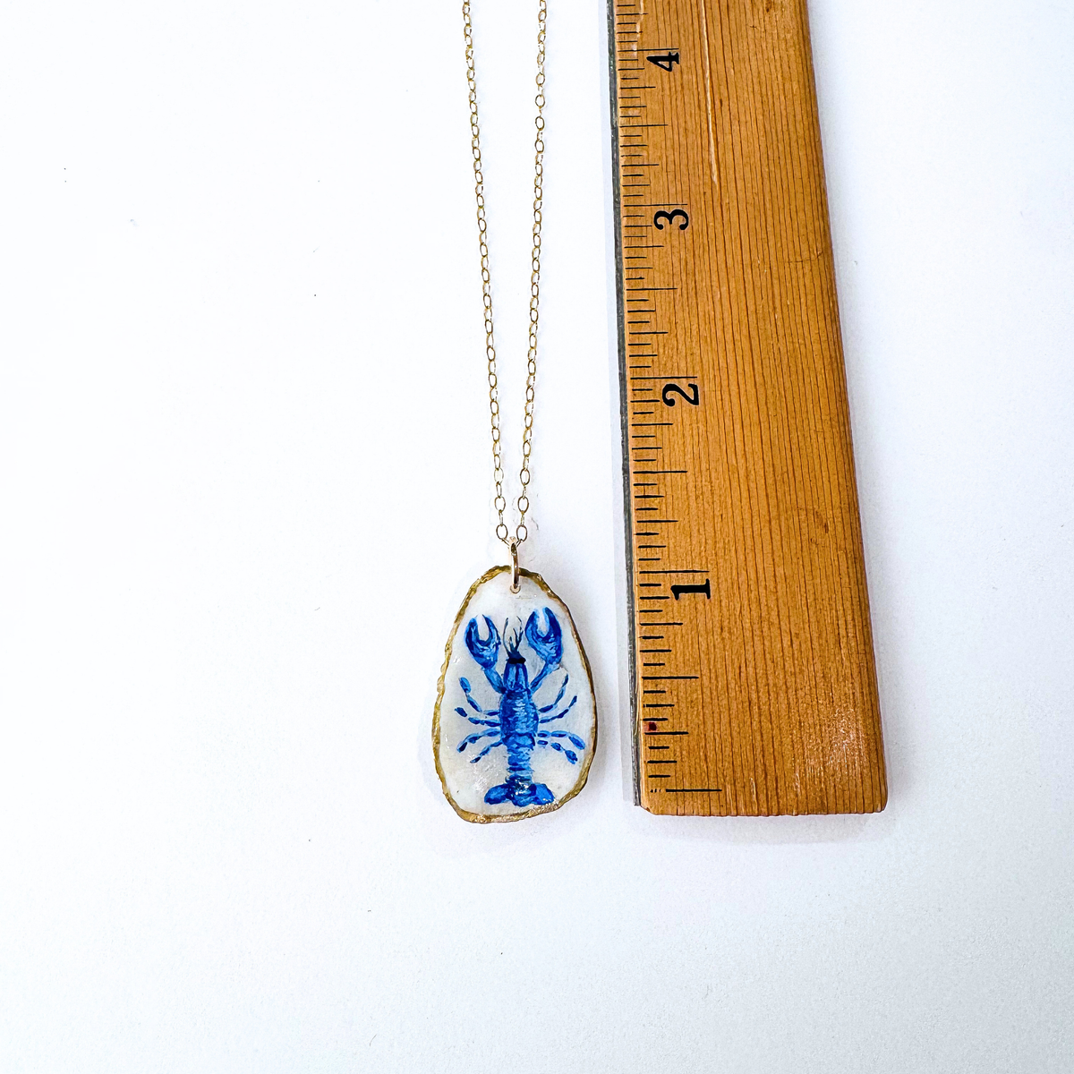 One-of-a-Kind Hand-Painted Oyster Shell Necklace - Blue Lobster Motif
