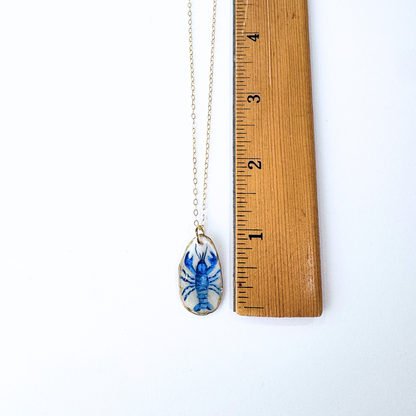 One-of-a-Kind Hand-Painted Oyster Shell Necklace - Blue Lobster Motif