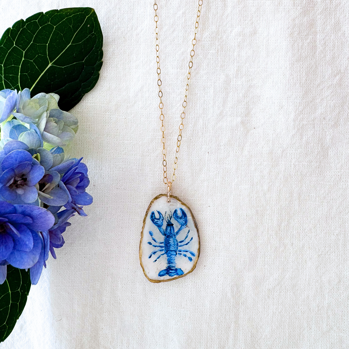 One-of-a-Kind Hand-Painted Oyster Shell Necklace - Blue Lobster Motif
