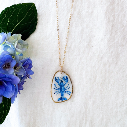 One-of-a-Kind Hand-Painted Oyster Shell Necklace - Blue Lobster Motif