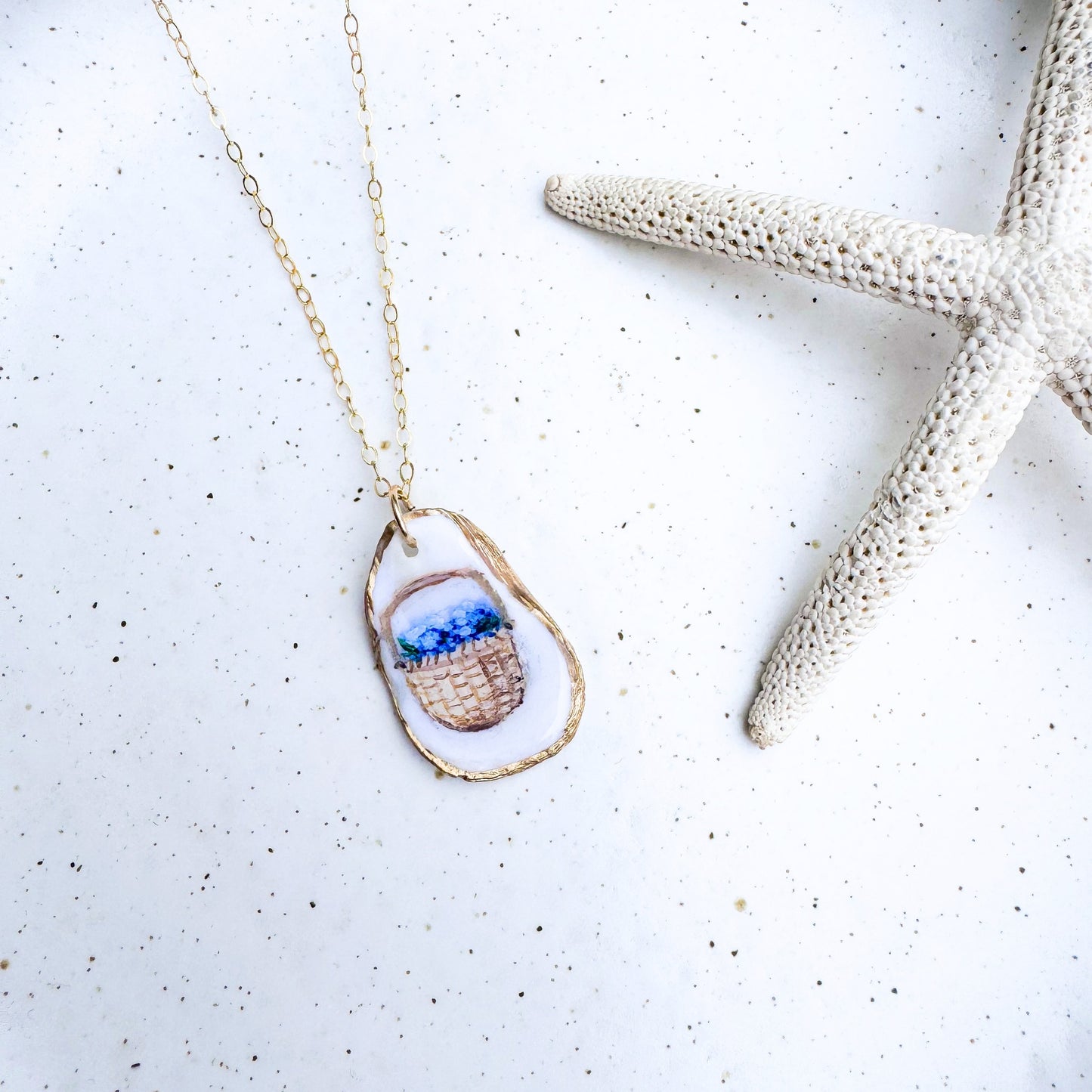 One-of-a-Kind Hand-Painted Oyster Shell Necklace - Nantucket Basket Motif