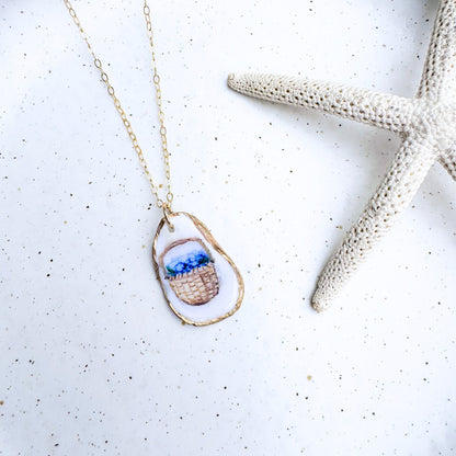 One-of-a-Kind Hand-Painted Oyster Shell Necklace - Nantucket Basket Motif