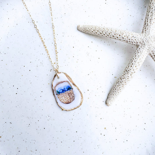 One-of-a-Kind Hand-Painted Oyster Shell Necklace - Nantucket Basket Motif