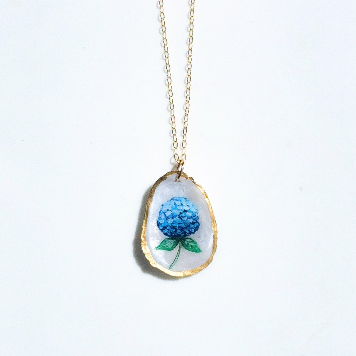 One-of-a-Kind Hand-Painted Oyster Shell Necklace - Hydrangea Motif