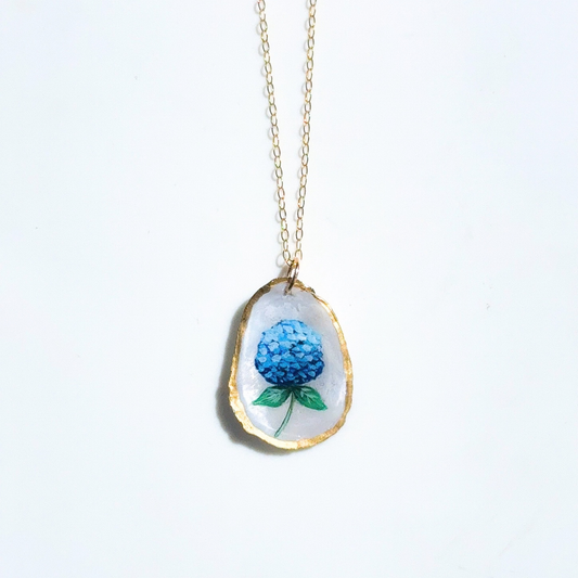One-of-a-Kind Hand-Painted Oyster Shell Necklace - Hydrangea Motif