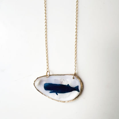 One‑of‑a‑Kind Hand‑Painted Oyster Shell Necklace – Blue Whale Motif