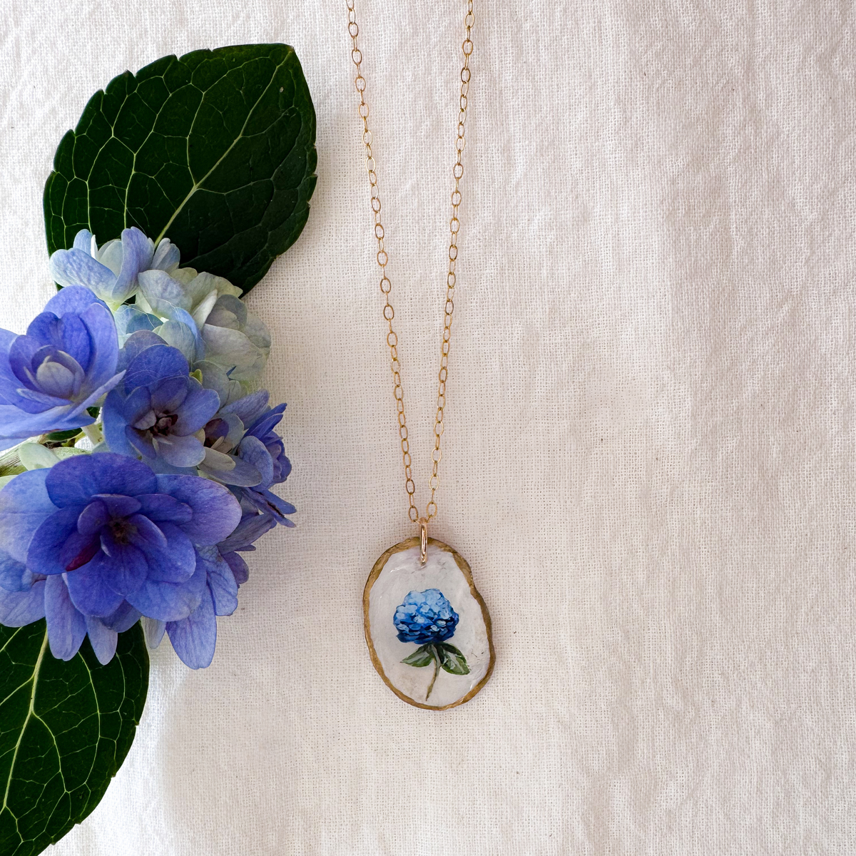 One-of-a-Kind Hand-Painted Oyster Shell Necklace - Hydrangea Motif