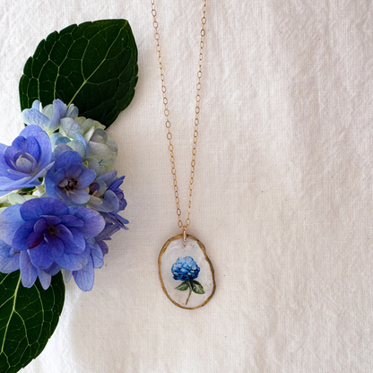 One-of-a-Kind Hand-Painted Oyster Shell Necklace - Hydrangea Motif