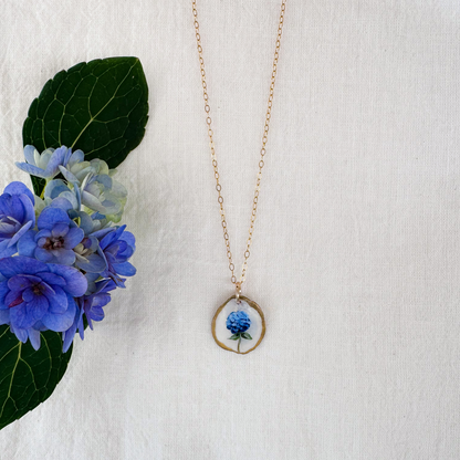 One-of-a-Kind Hand-Painted Oyster Shell Necklace - Hydrangea Motif