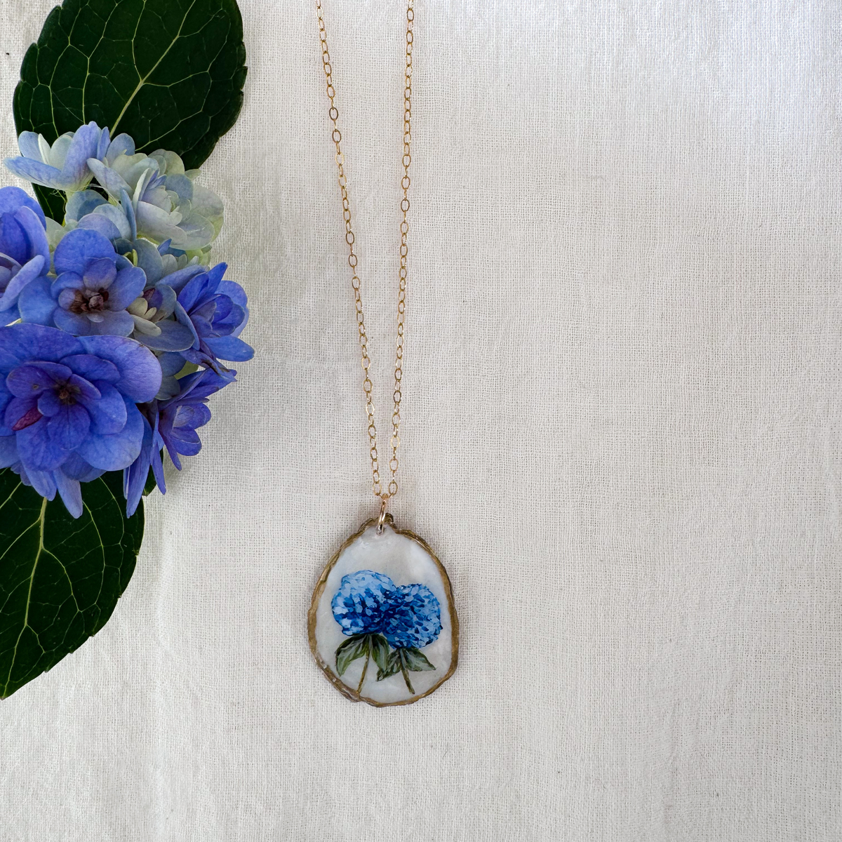 One-of-a-Kind Hand-Painted Oyster Shell Necklace - Hydrangea Motif