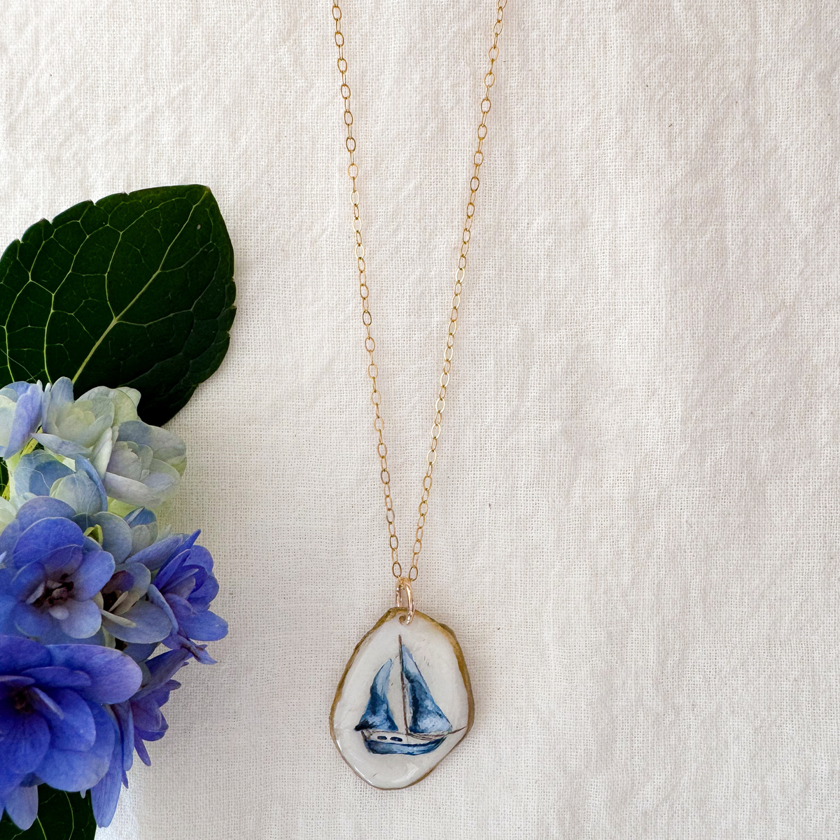 One-of-a-Kind Hand-Painted Oyster Shell Necklace - Sailboat Motif