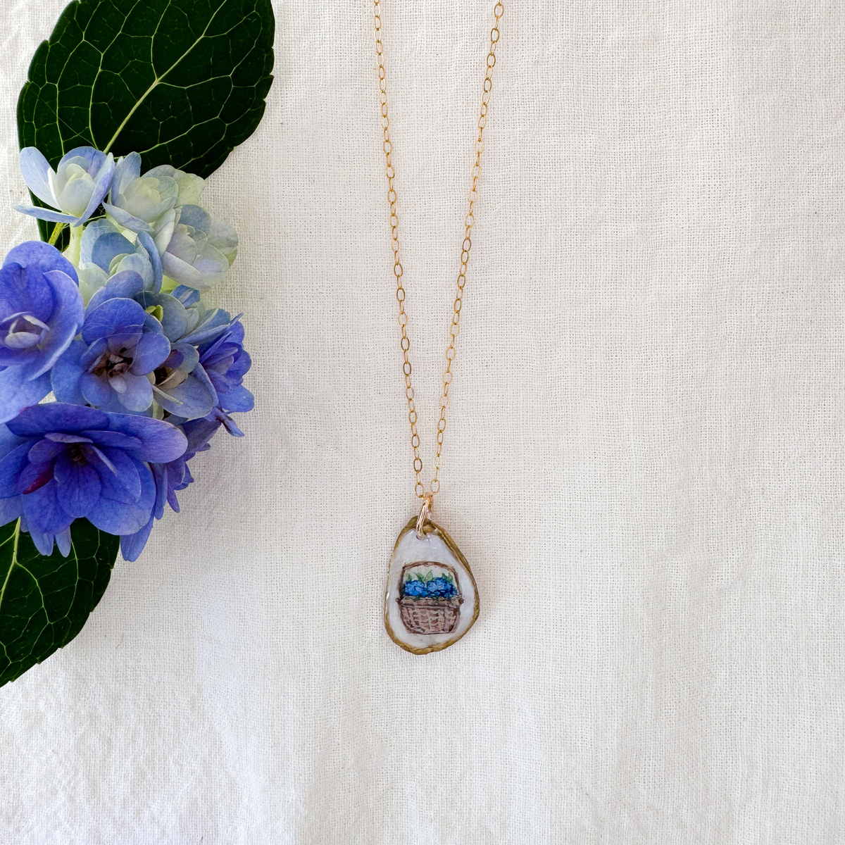 One-of-a-Kind Hand-Painted Oyster Shell Necklace - Nantucket Hydrangea Basket Motif