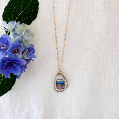 One-of-a-Kind Hand-Painted Oyster Shell Necklace - Nantucket Hydrangea Basket Motif
