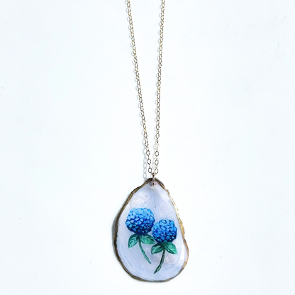 One-of-a-Kind Hand-Painted Oyster Shell Necklace - Hydrangea Motif