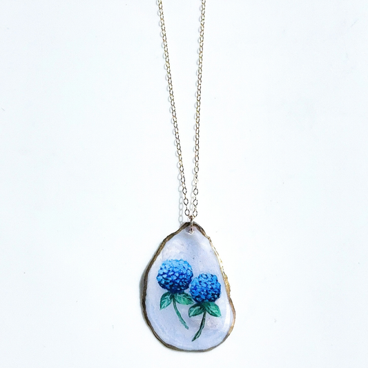 One-of-a-Kind Hand-Painted Oyster Shell Necklace - Hydrangea Motif