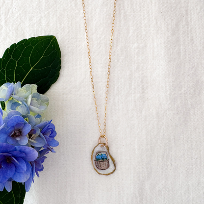 One-of-a-Kind Hand-Painted Oyster Shell Necklace - Nantucket Hydrangea Basket Motif