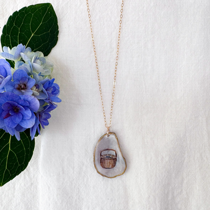 One-of-a-Kind Hand-Painted Oyster Shell Necklace - Nantucket Lightship Basket Motif