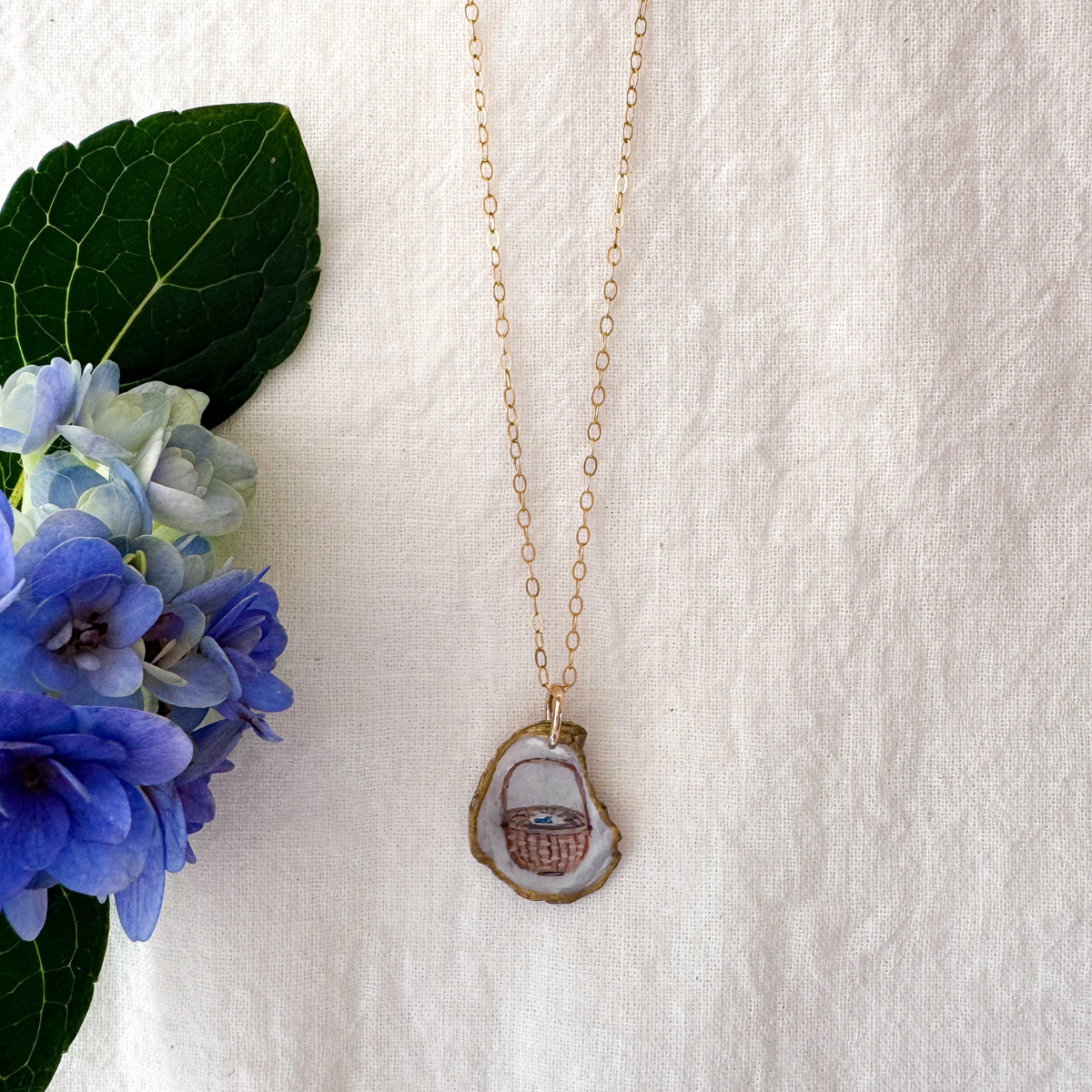 One-of-a-Kind Hand-Painted Oyster Shell Necklace - Nantucket Lightship Basket Motif
