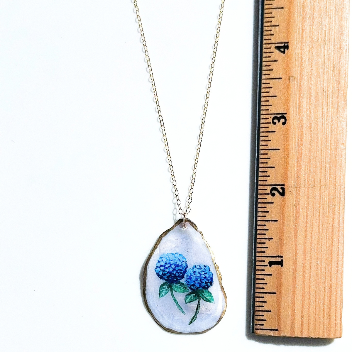 One-of-a-Kind Hand-Painted Oyster Shell Necklace - Hydrangea Motif